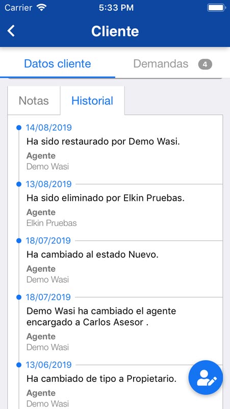 Visualizar las demandas de clientes desde app móvil Wasi